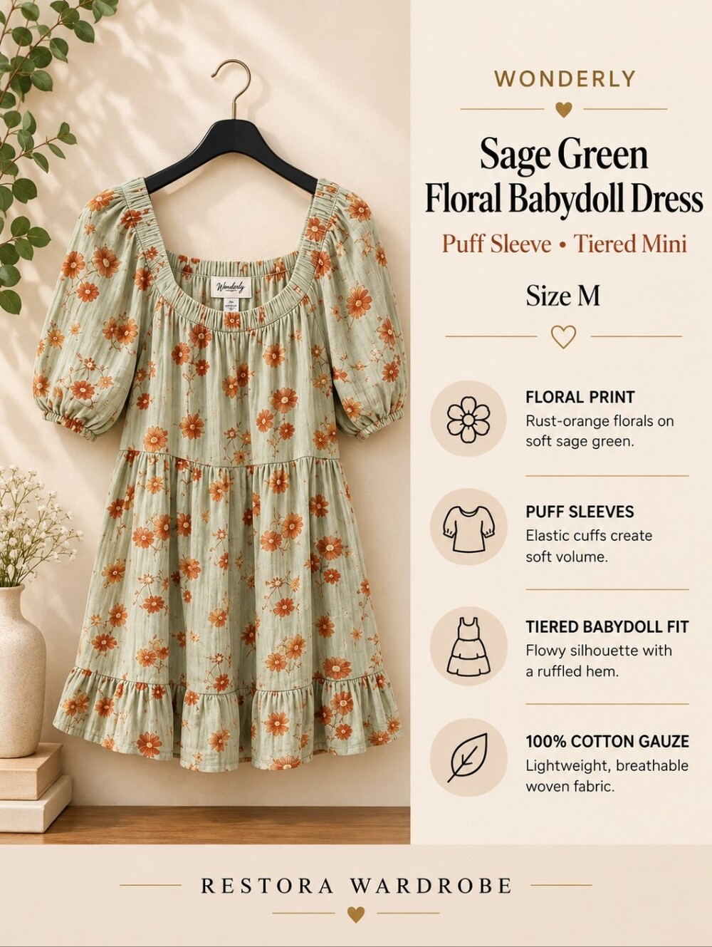 Wonderly Floral Babydoll Mini Dress Cottagecore Puff Sleeve Sage Green M
